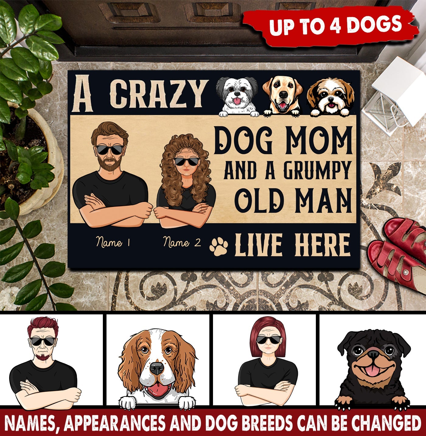 A Crazy Dog Mom And A Grumpy Old Man Live Here Personalized Doormat, Personalized Gift for Dog Lovers, Dog Dad, Dog Mom