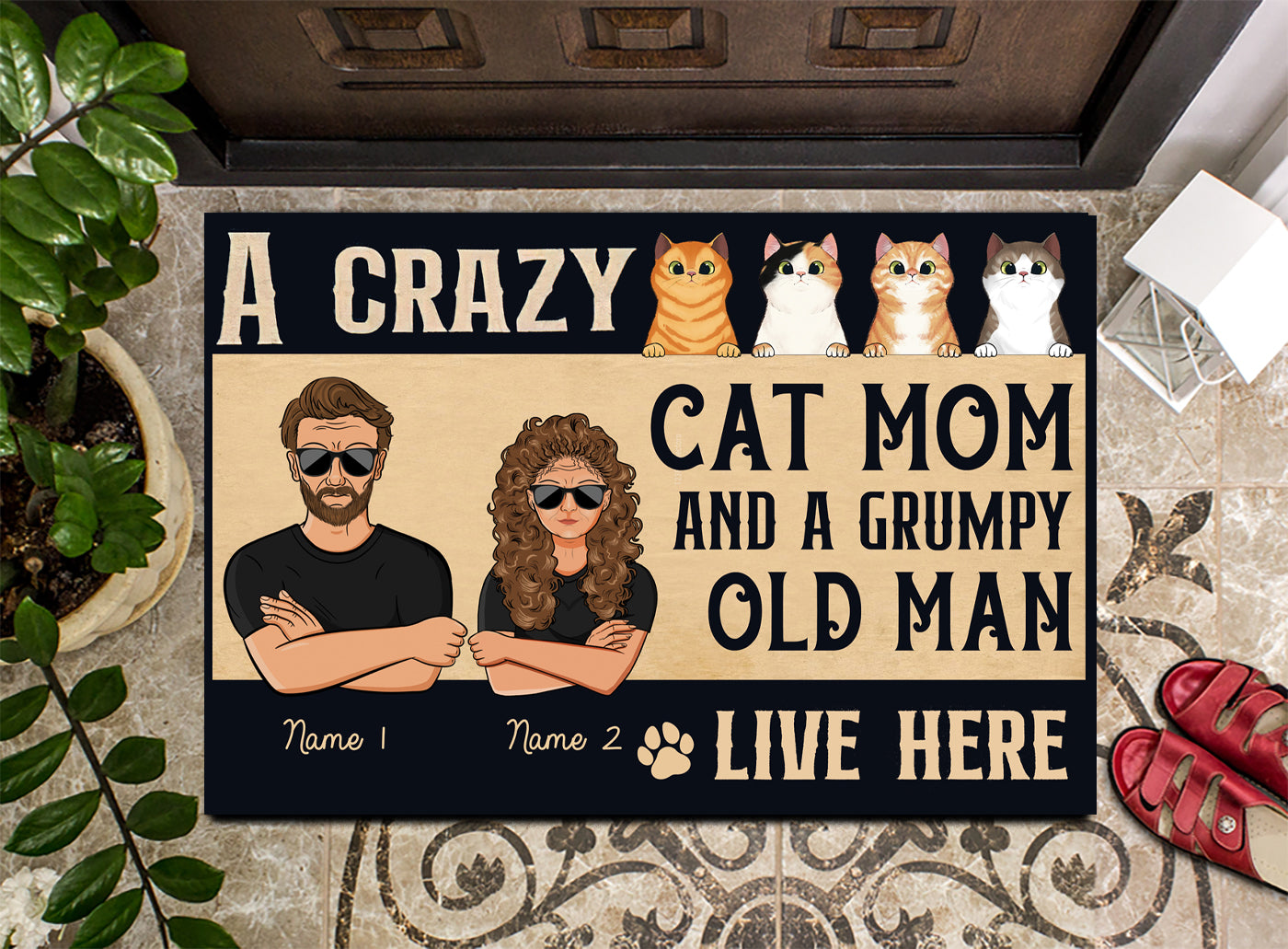A Crazy Cat Mom And A Grumpy Old Man Personalized Doormat, Personalized Gift for Cat Lovers, Cat Mom, Cat Dad