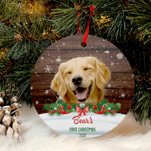 Dog Cat Christmas Wooden Background Photo Ornament