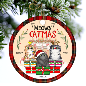 Meowy Catmas - Christmas Gift For Cat Lovers - Personalized Custom Circle Ceramic Ornament
