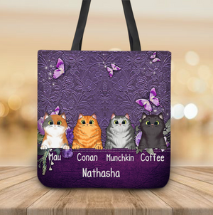 Cat Purple Roses And Butterflies Personalized Tote Bag, Personalized Gift for Cat Lovers, Cat Mom, Cat Dad